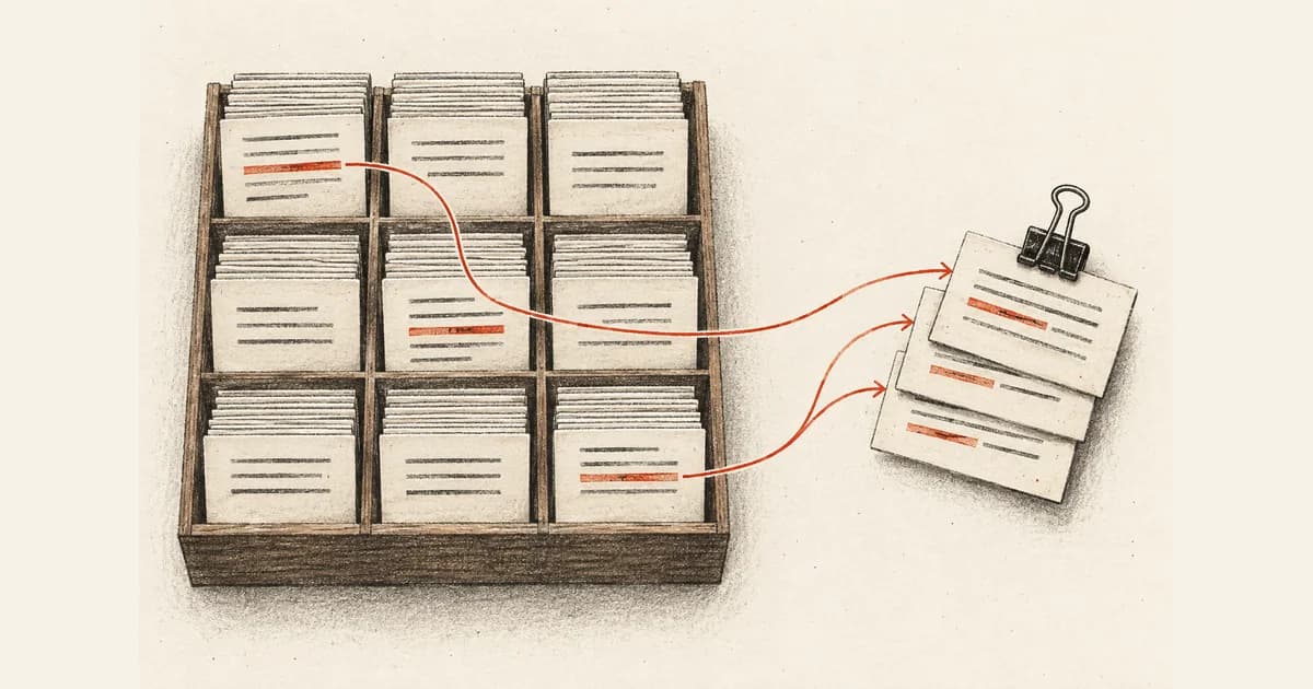 Highlighted passages pulled from a card catalogue into a small stack of sources.