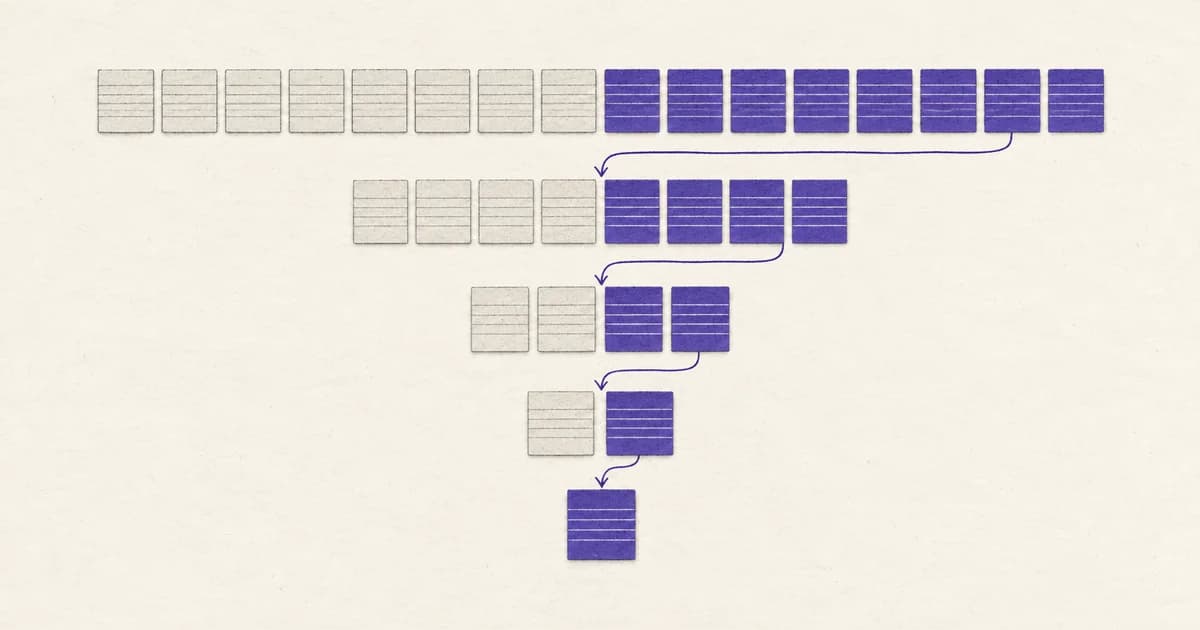 Rows of cards narrowing by half until a single violet card remains.