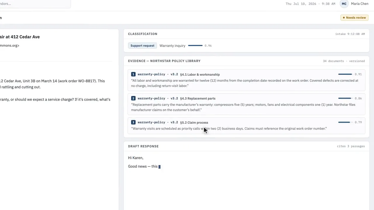 Support case showing the classification, three cited warranty policy passages and a draft response