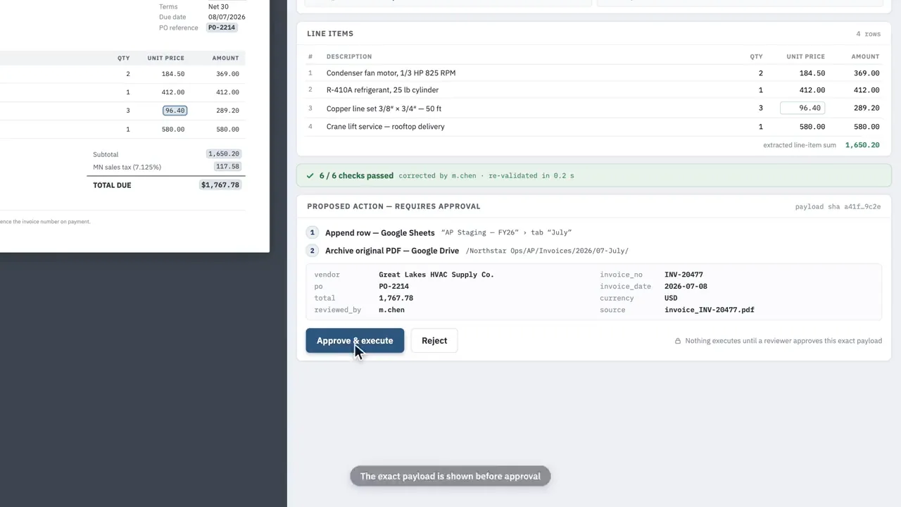 Proposed action showing the exact spreadsheet row and archive path with approve and reject buttons