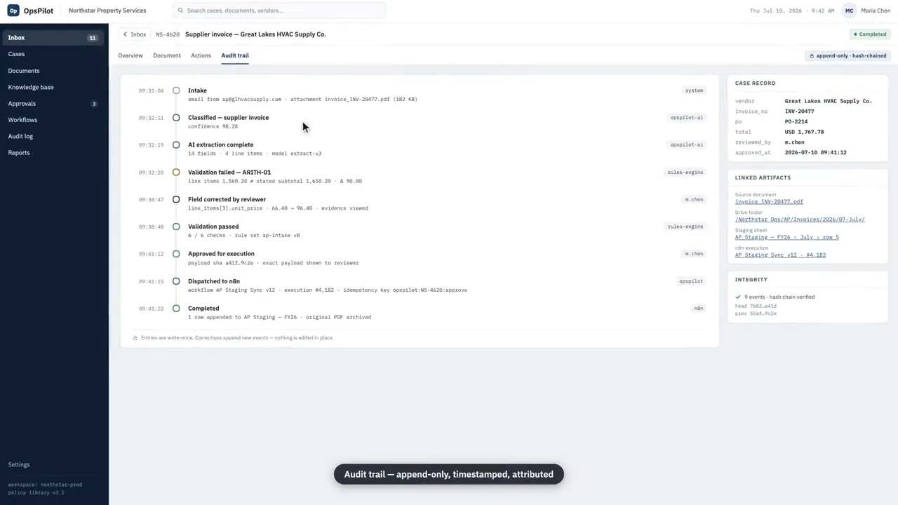 Audit trail timeline for one case from intake to completion with linked artifacts