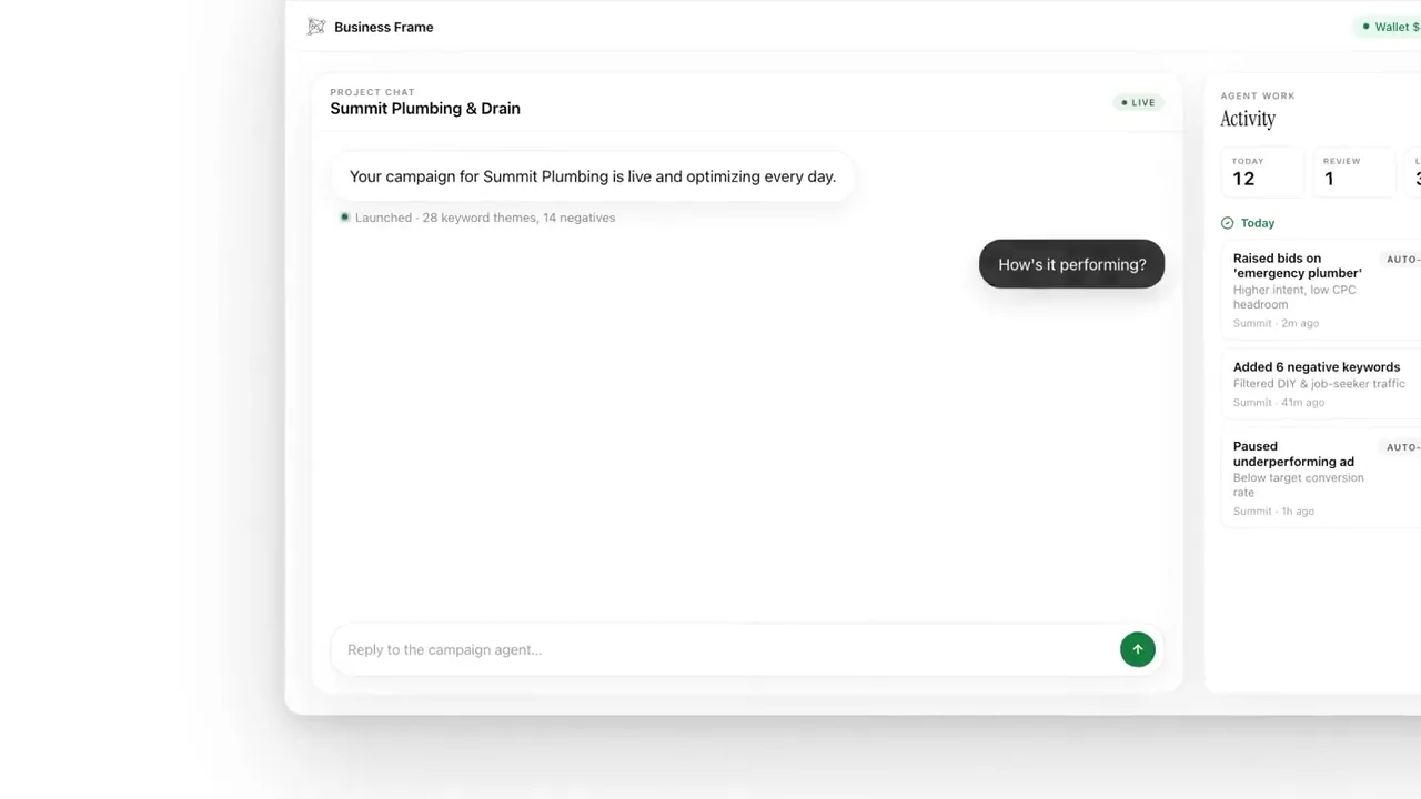 Project chat workspace with the campaign agent and an activity panel of recent agent actions