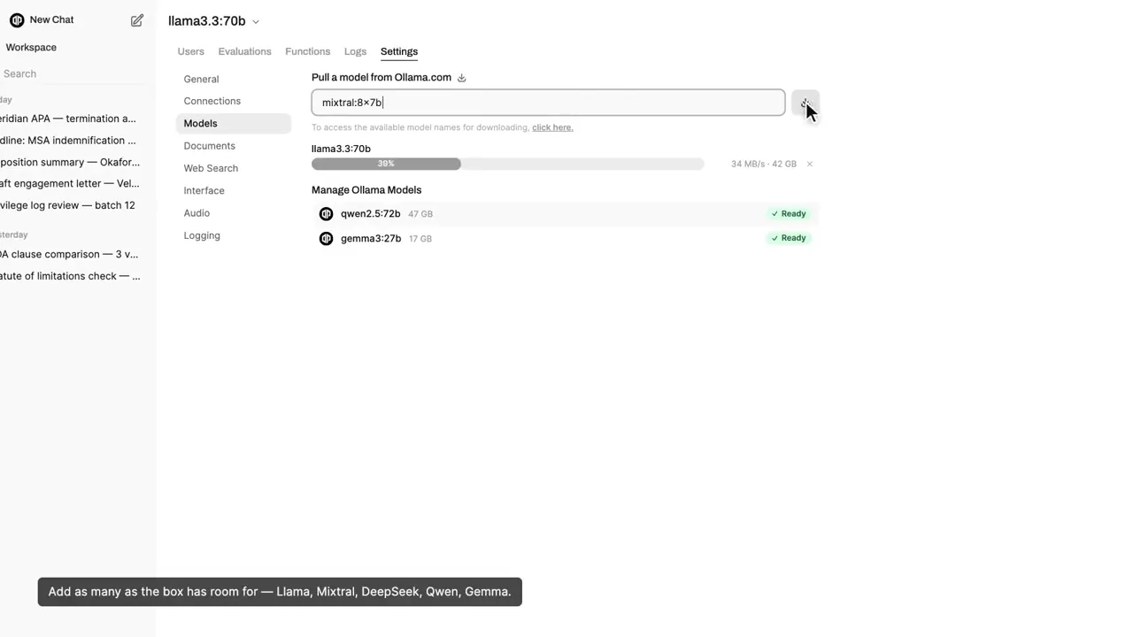 Settings page pulling a model from Ollama with a progress bar and two models already ready