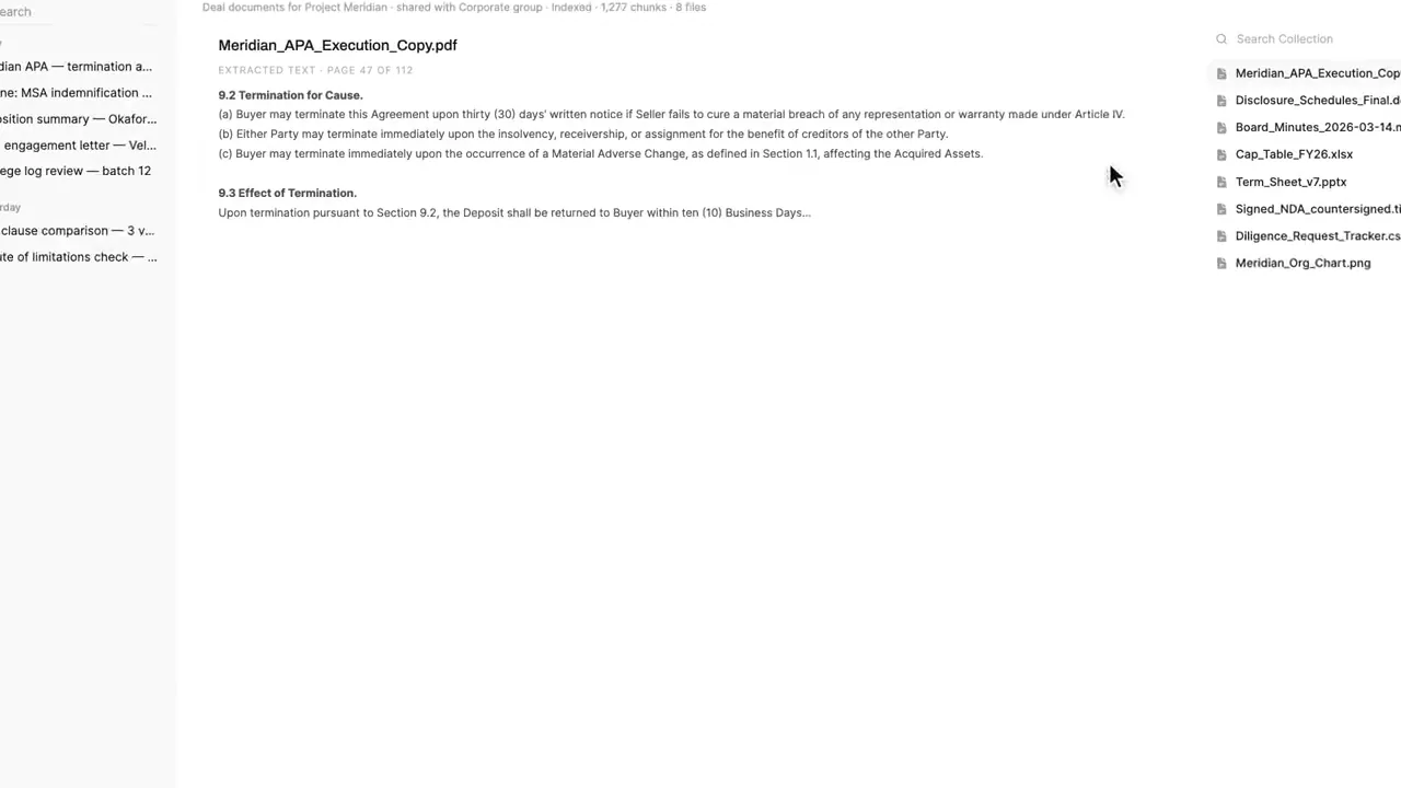 Document collection listing agreements, spreadsheets and board minutes with extracted text preview