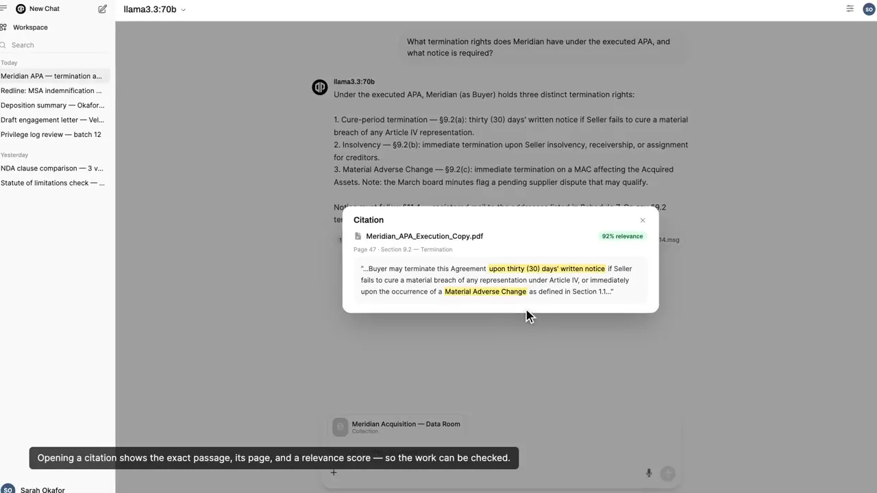 Chat answer about termination rights with a citation popover showing the source passage and page