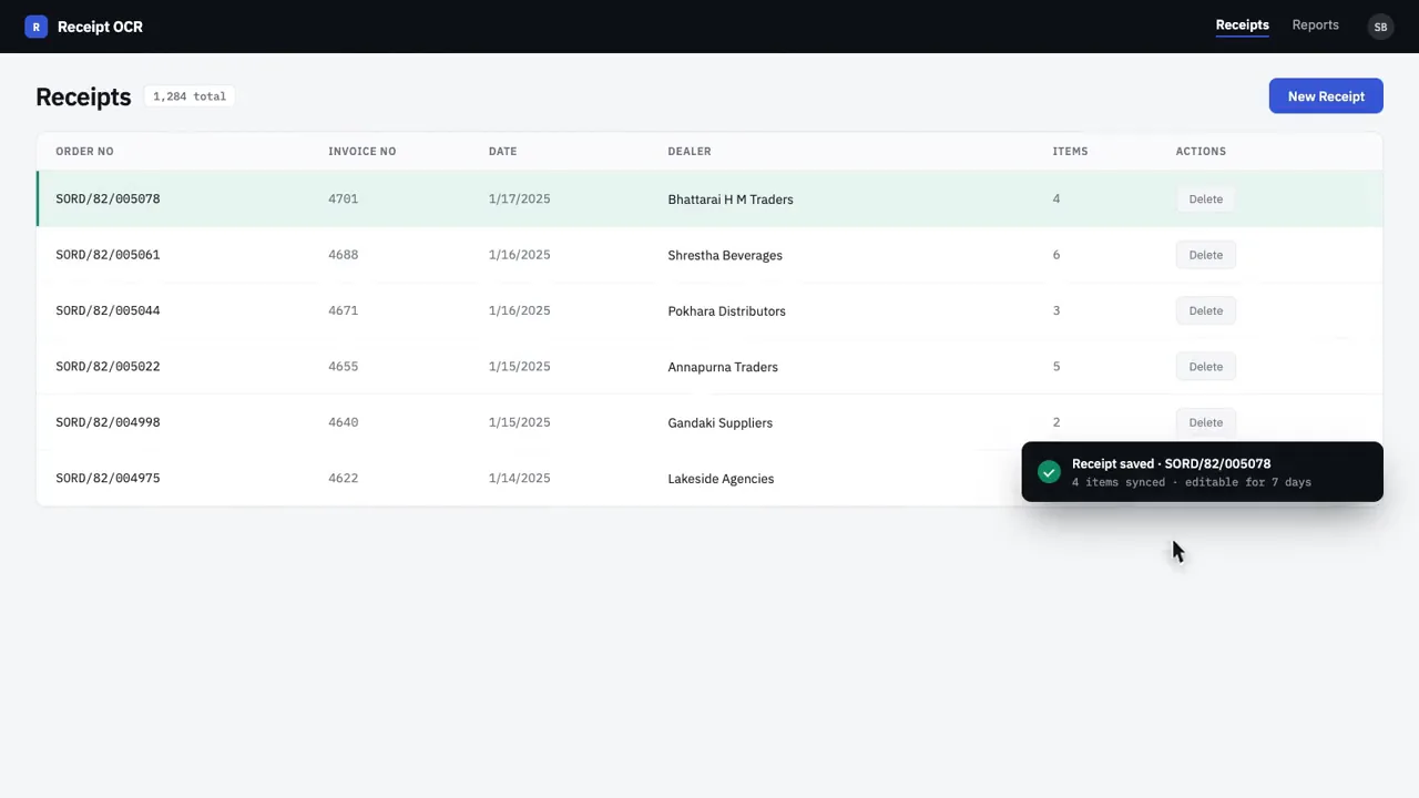 Receipts list with order number, dealer, date, item count and status for each record