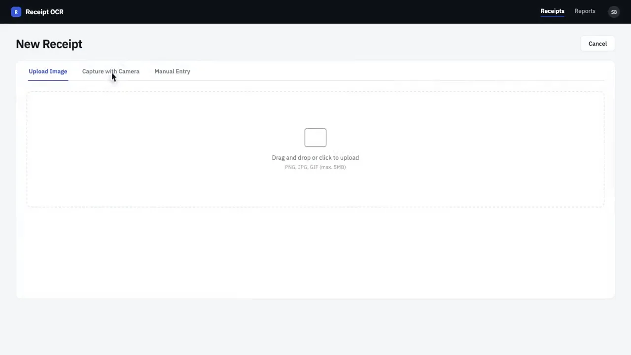 New receipt screen with upload image, capture with camera and manual entry tabs