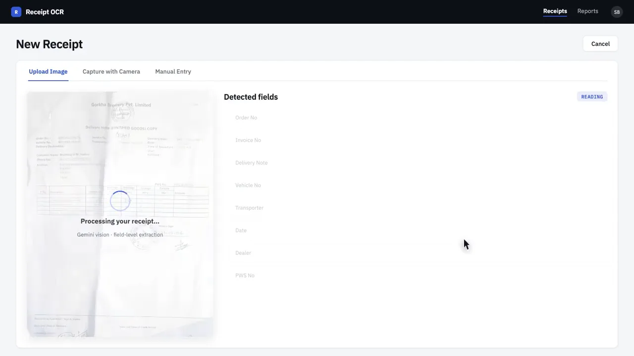 Receipt photo on the left with a detected fields panel being read on the right