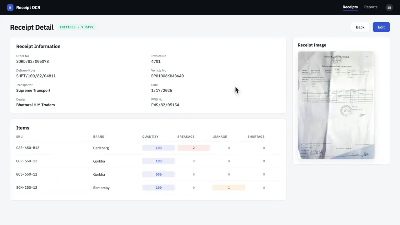Receipt detail page with structured fields, an items table and the original receipt image