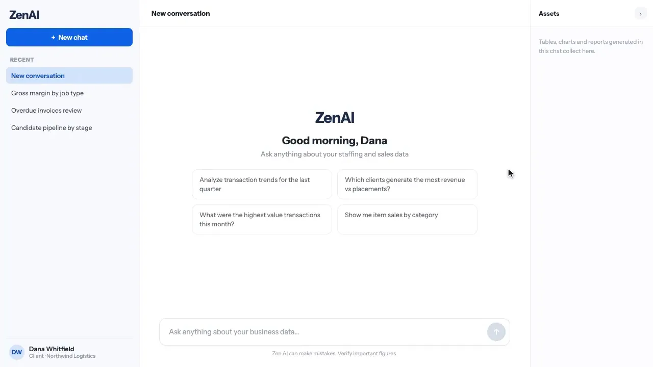 ZenAI welcome screen with suggested business questions and an empty assets panel