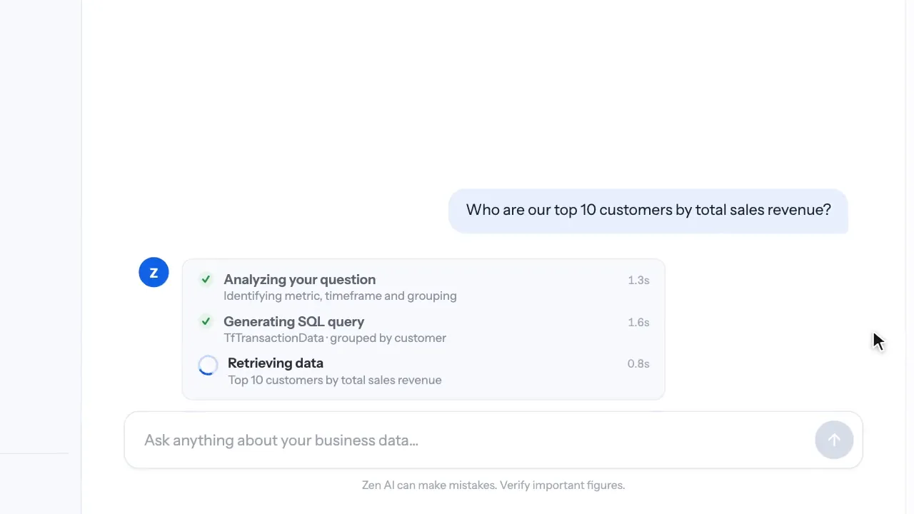 Assistant showing three timed steps, analysing the question, generating the SQL query and retrieving data